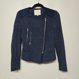 Maje Womens Blue Full Zip Tweed Cotton‎ Knit Jacket Blazer Size 1/S Elbow Patch